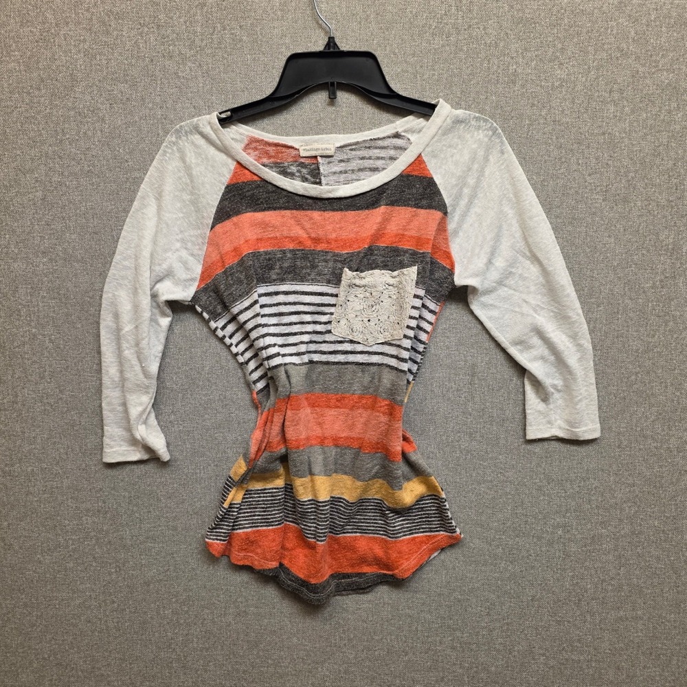 Feminine Boho Striped Raglan Top 3/4 Sleeve Lace Pocket Orange Grey Small